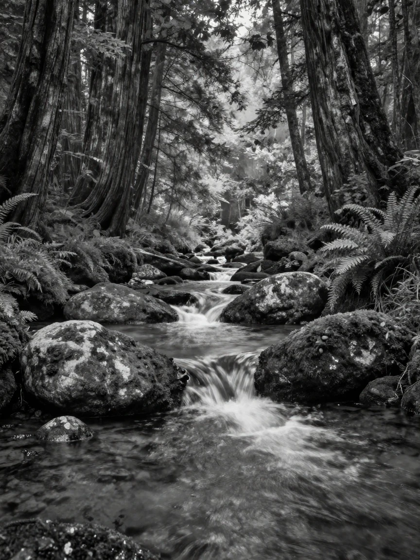 A waterfall-fed forest stream trickles over moss-covered stones deep within an old-growth forest.