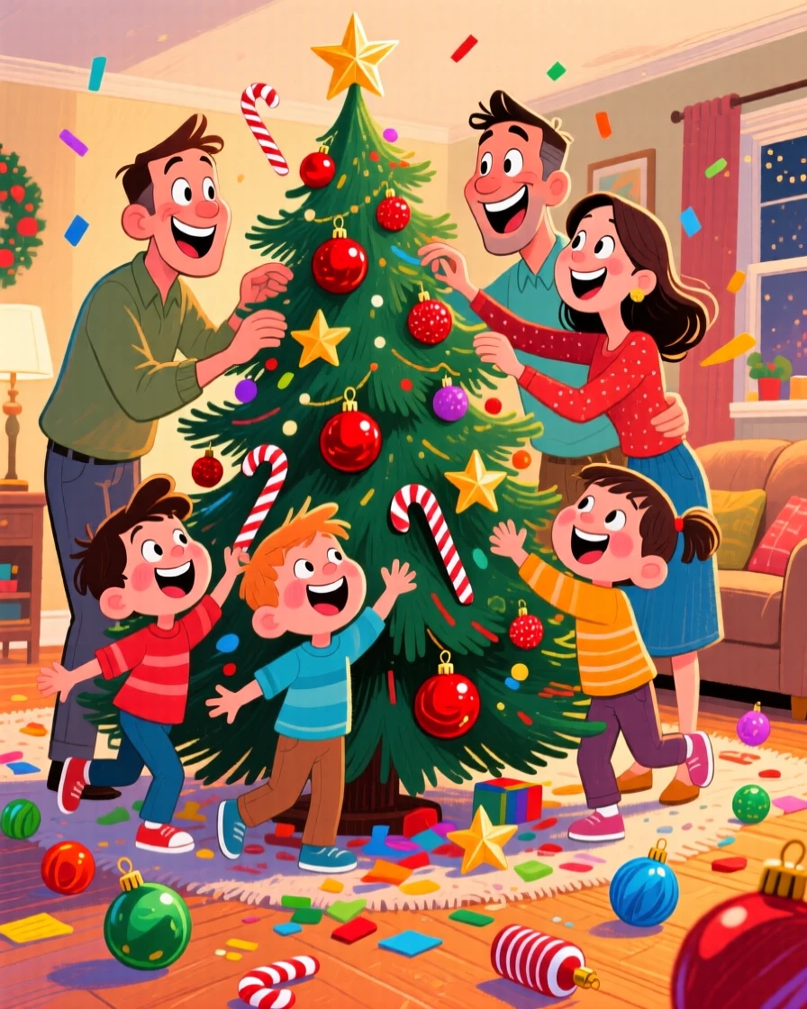 A family decorating a Christmas tree together, ornaments scattered on the floor.