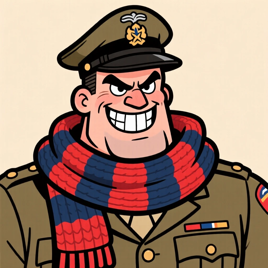 A charming portrait of a tough drill sergeant, flashing a gap-toothed grin, wrapped in a cozy oversized scarf.