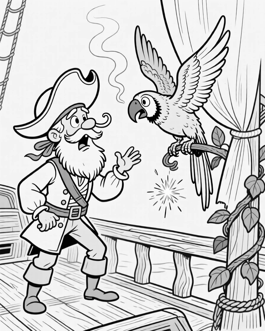 A pirate captain arguing with a talking parrot, flapping helplessly while stuck upside down in a bush, set aboard a creaky wooden pirate ship. A stray spark sets a curtain gently smoldering. It feels like a page pulled from a beloved fairy tale.