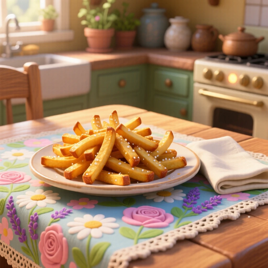 A plate of crispy golden fries sits on a tablecloth decorated with fresh flowers, next to a folded linen napkin. A comforting, homey feeling fills the moment.