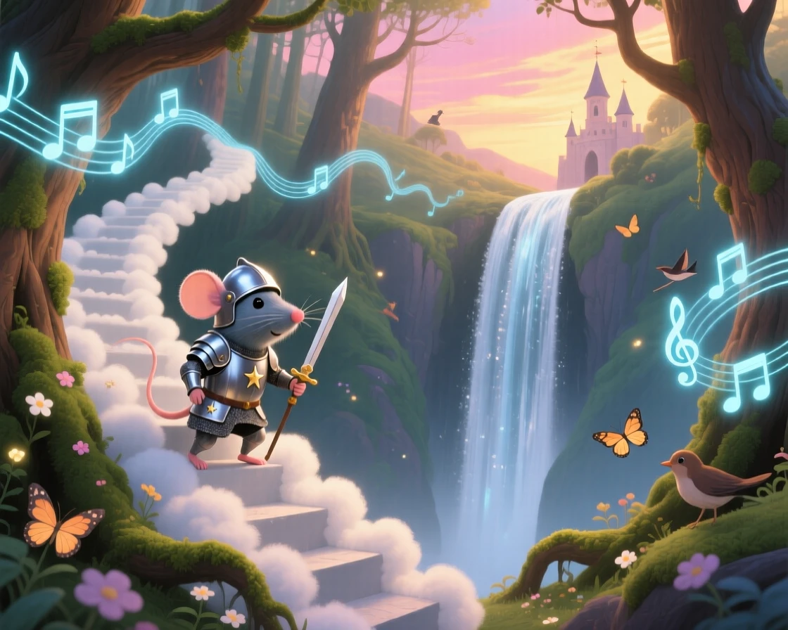 Deep within a hidden valley behind a waterfall, a tiny castle mouse knight spends the evening climbing a staircase made of clouds, while gentle music seems to hum from the trees.