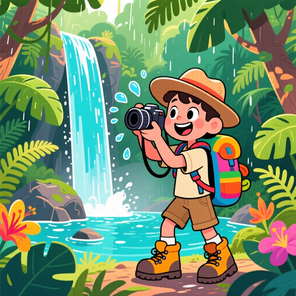 A traveler taking a photo of a waterfall deep in a rainforest.
