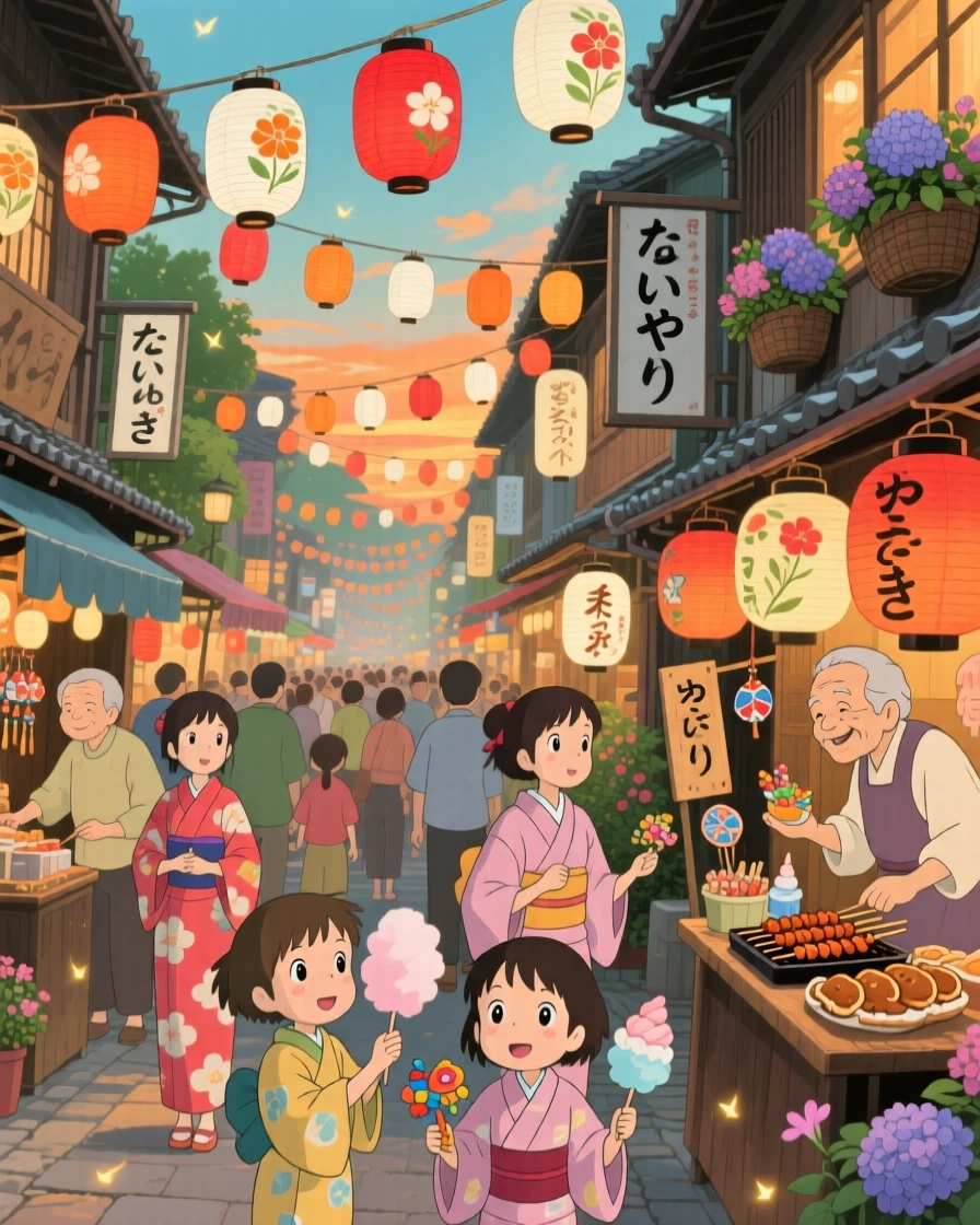 A summer scene of a lively festival with paper lanterns strung above a crowded street, as small details of the season fill every corner.