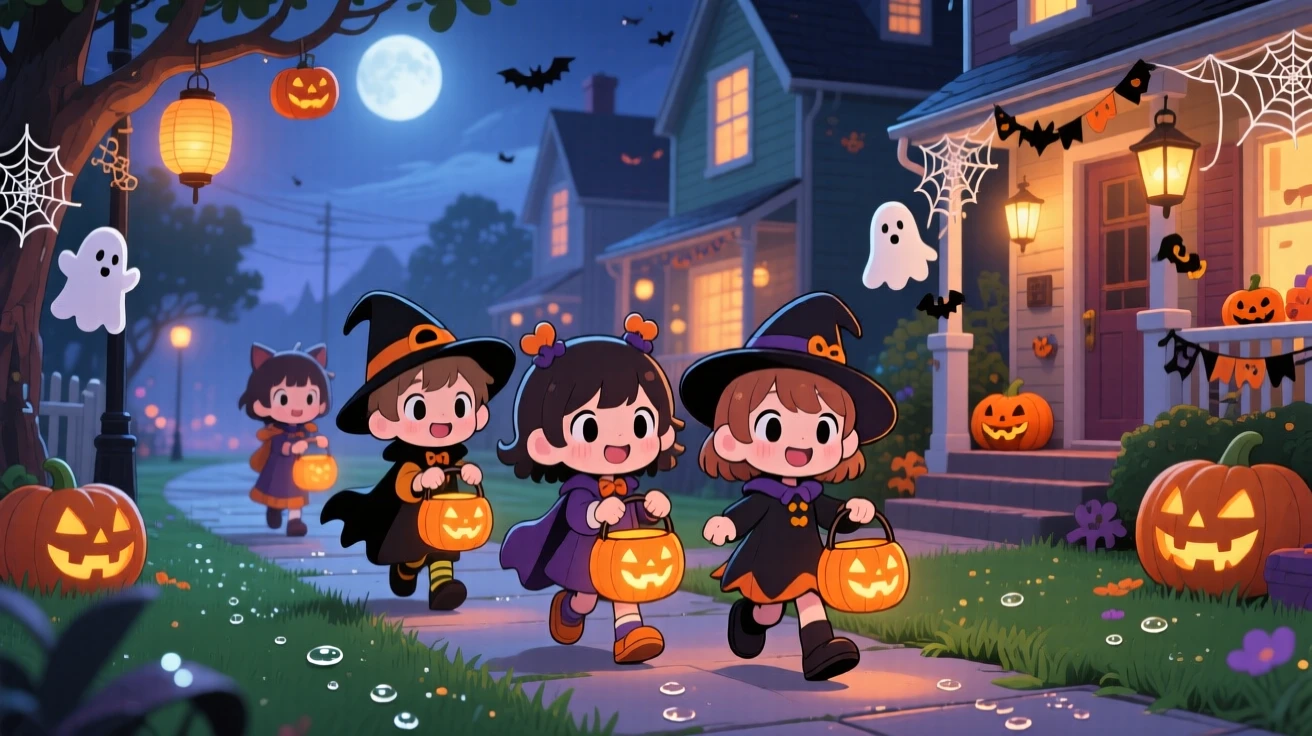 Children in costumes trick-or-treating with glowing pumpkin buckets in a spooky-cute decorated street as morning dew glistens on the grass; soft moonlight washes over the scene as eager anticipation fills the moment. Three-quarter view.
