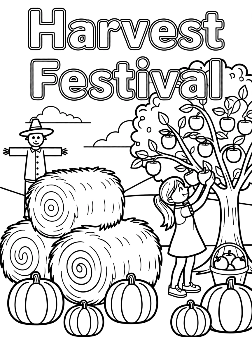 A harvest festival with hay bales, pumpkins, and apple picking