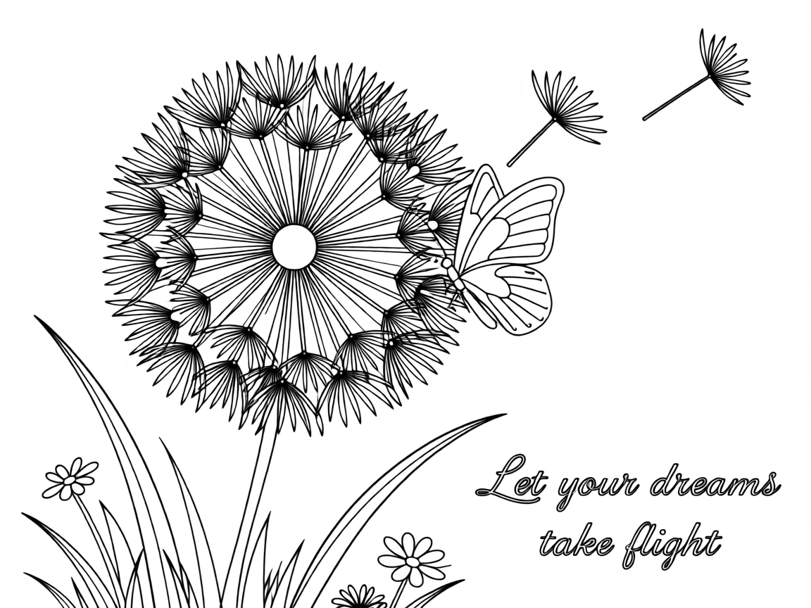 A single dandelion with seeds drifting in the breeze, with a butterfly resting on one of the petals.