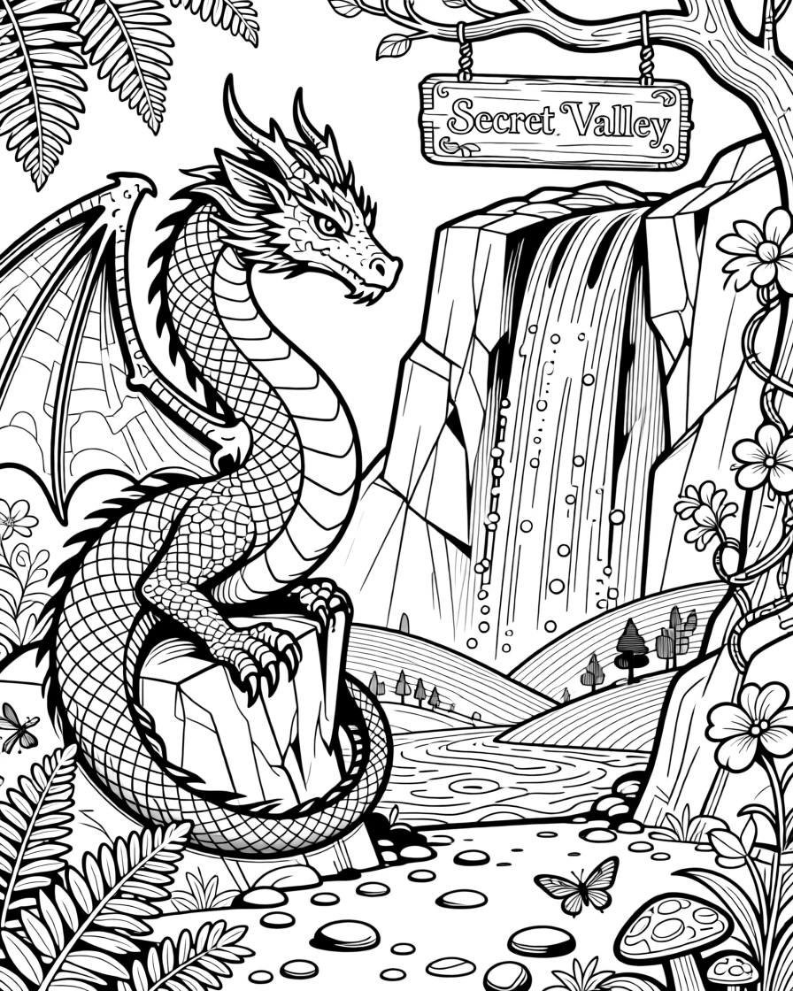 A dragon guarding a waterfall entrance to a hidden valley.