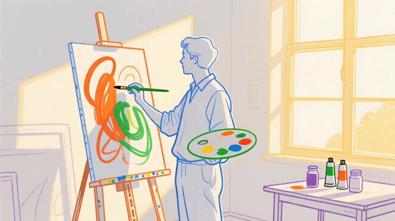 A painter working on a canvas in a sunlit studio.