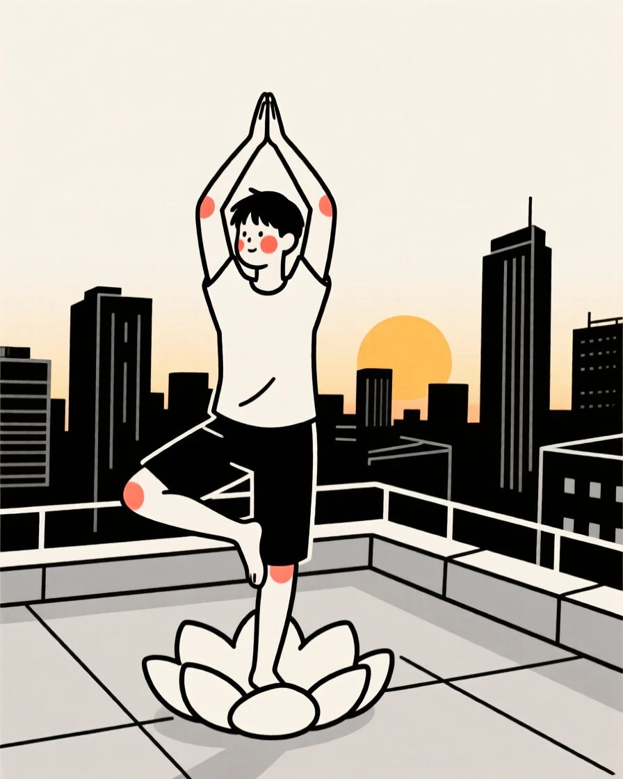 A young man practicing yoga at sunrise, on a rooftop overlooking the city.