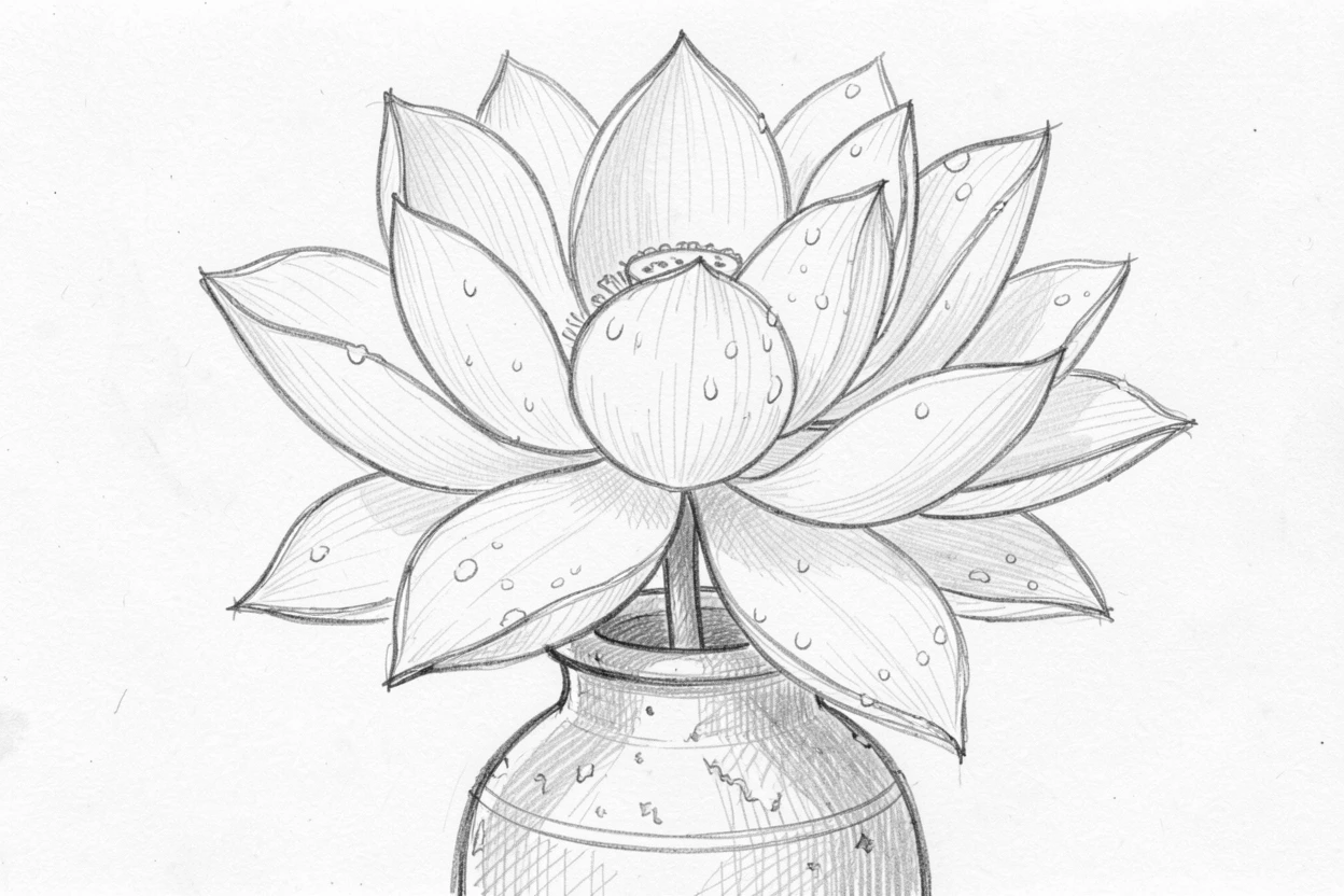 A close-up still life of a giant blooming lotus flower in a rustic ceramic vase, with tiny water droplets clinging to the petals.