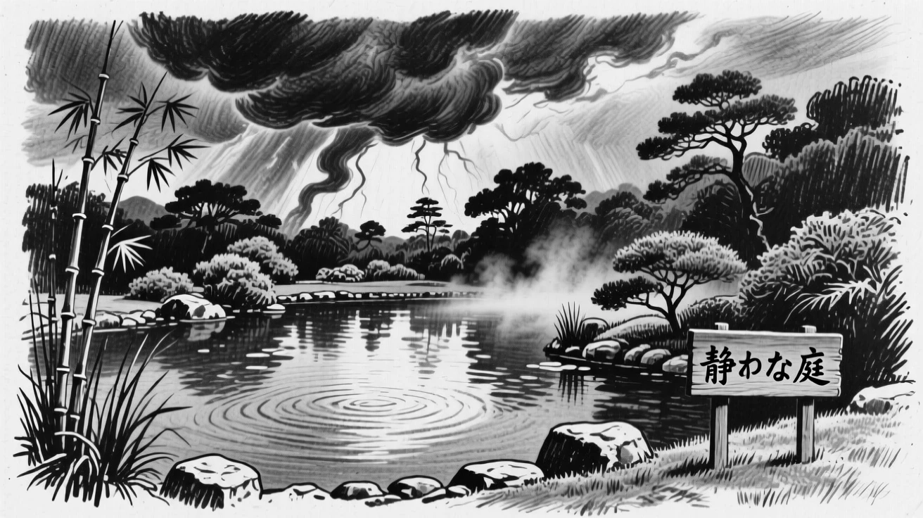A tranquil Japanese garden pond with dramatic storm clouds gathering on the horizon.