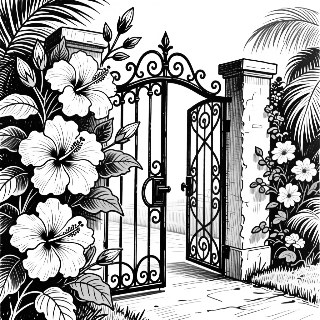 A cluster of tropical hibiscus flowers framing a garden gate.