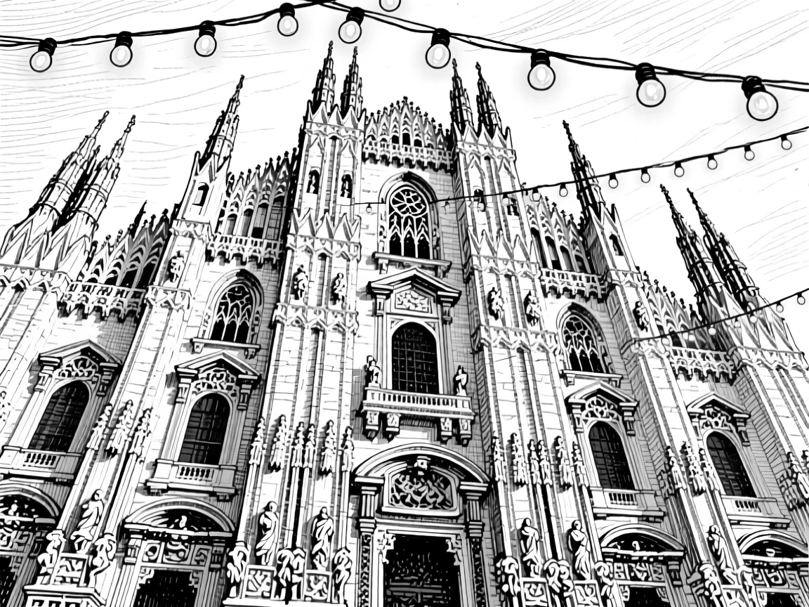 A grand gothic cathedral beneath strings of hanging lights, featuring ornate carvings along the facade, rendered in an awe-inspiring architectural composition.
