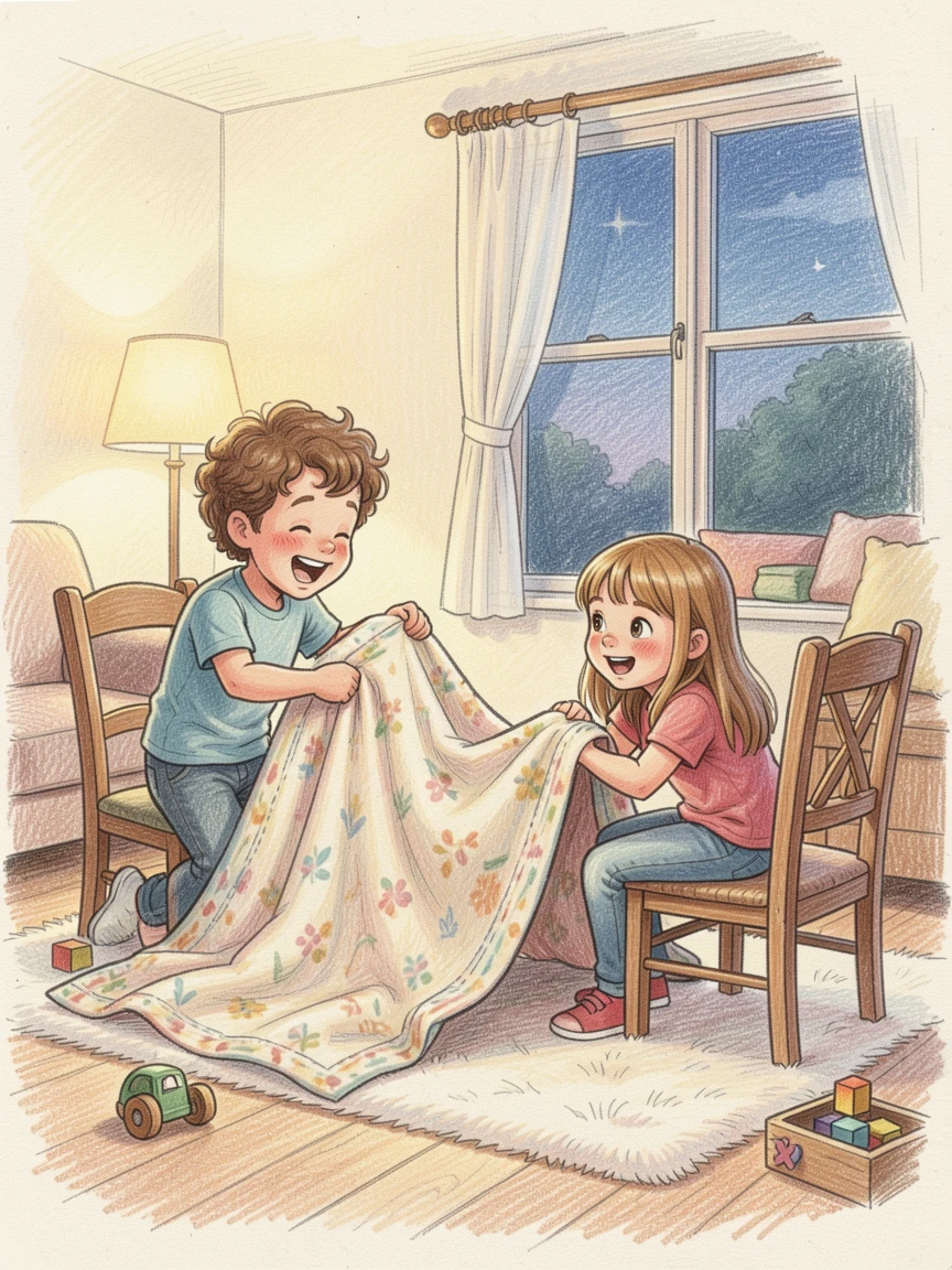 Two siblings building a blanket fort in a cozy living room, full of genuine laughter and playful energy, designed to feel heartwarming and deeply relatable.