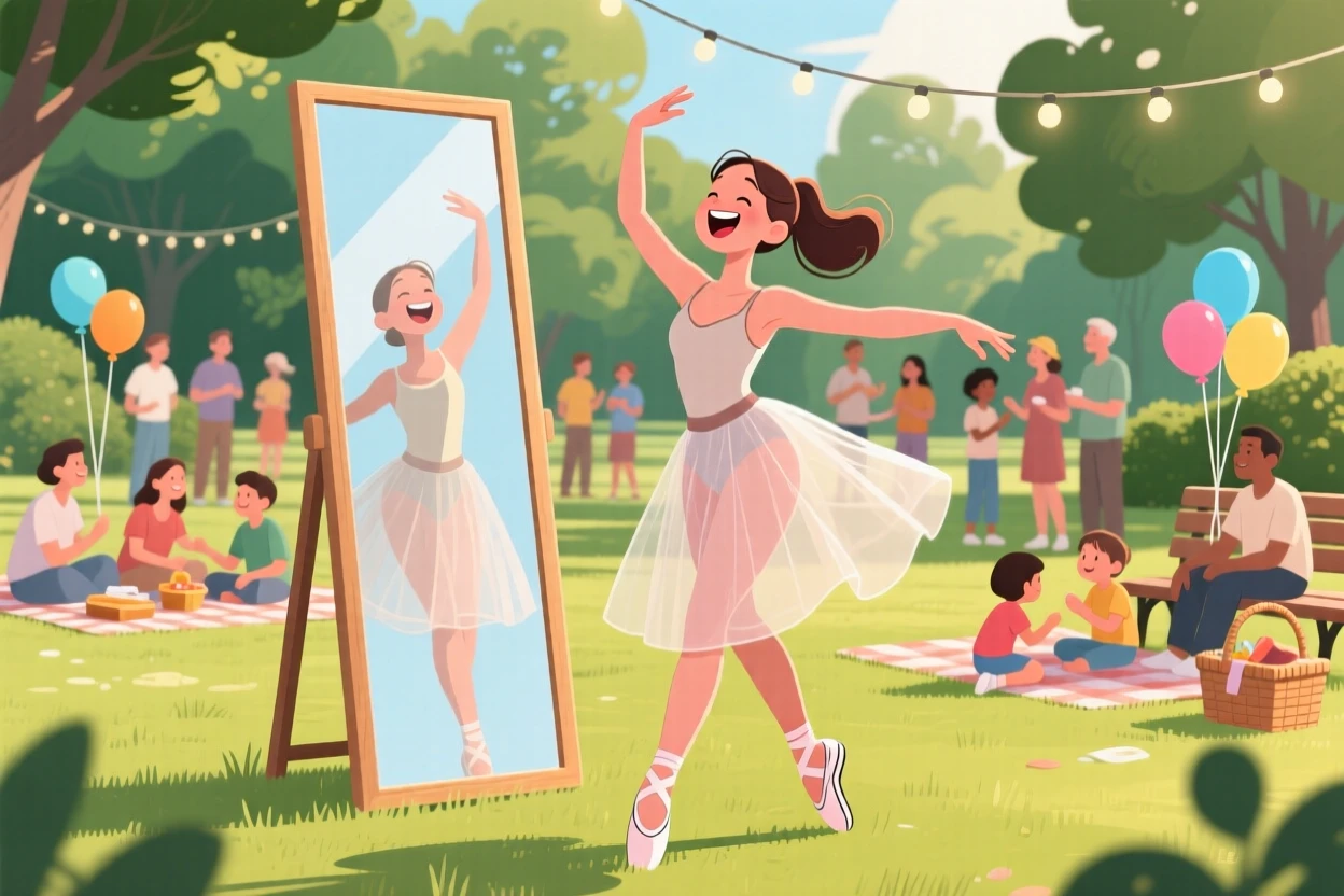 A dancer rehearsing gracefully in front of a large mirror, at a cheerful outdoor community gathering, captured mid-laugh with authentic energy, with a sense of warmth and togetherness in every detail.