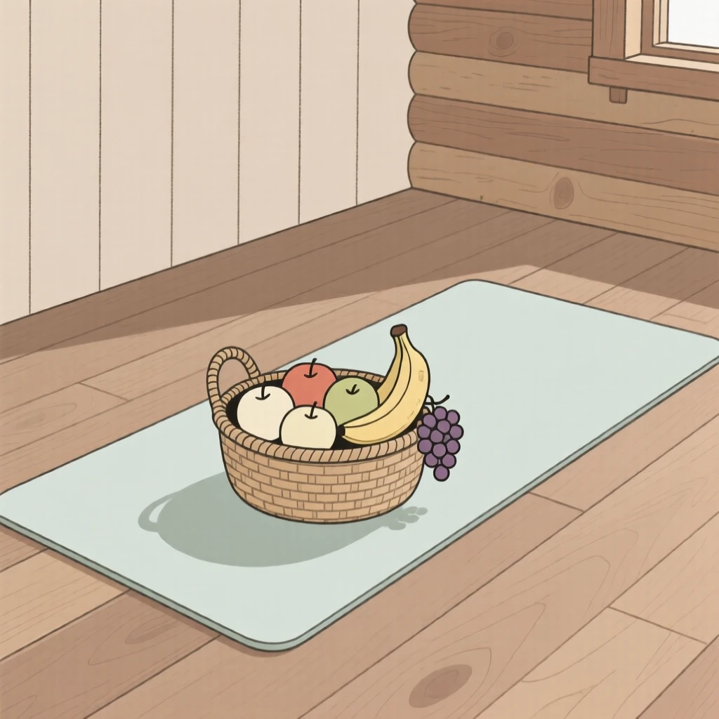 A cozy yoga mat on the floor filled with a woven basket of fruit, set in a cabin retreat, evoking gentle routine.