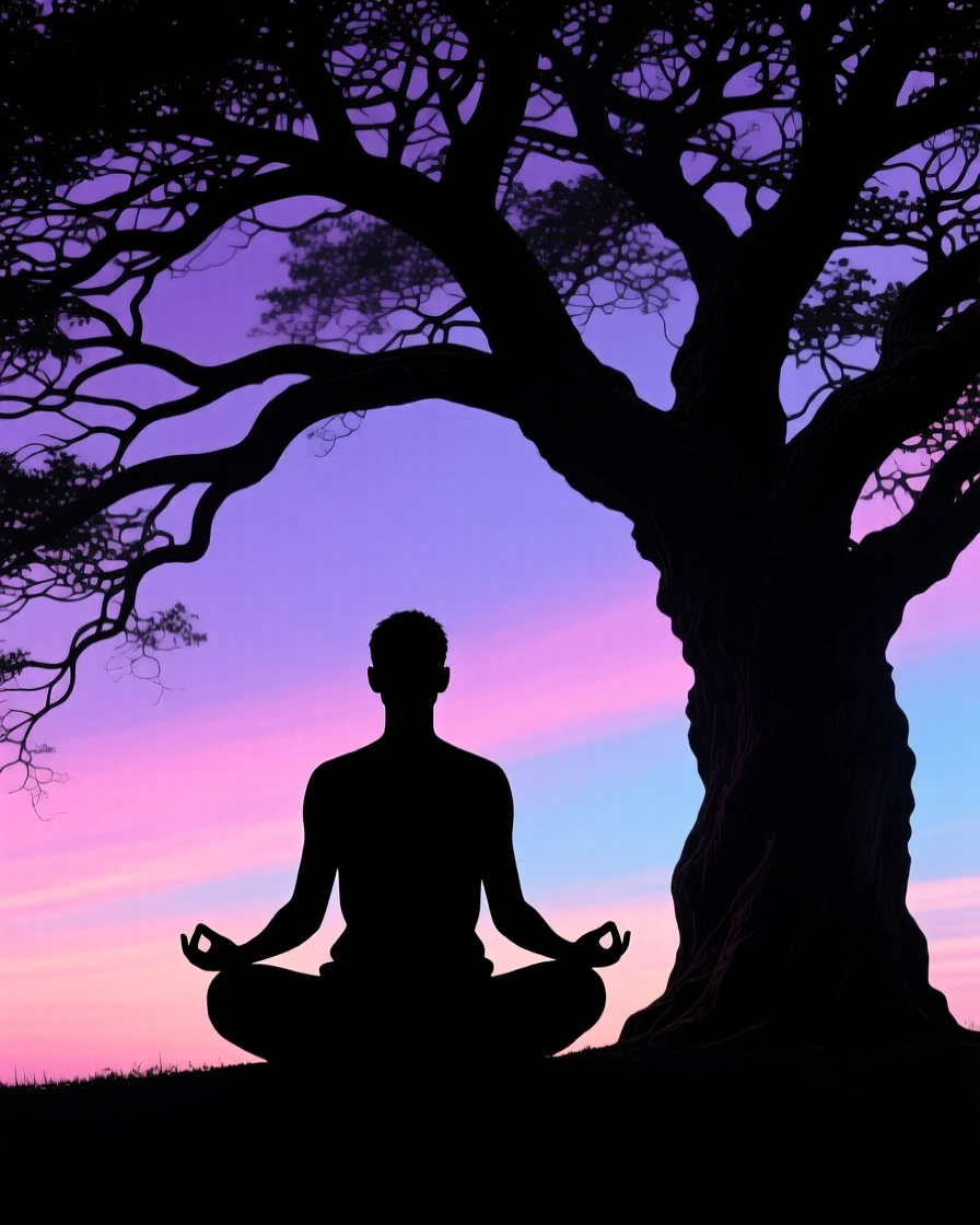 A person meditating cross-legged beneath the sprawling branches of an old tree.