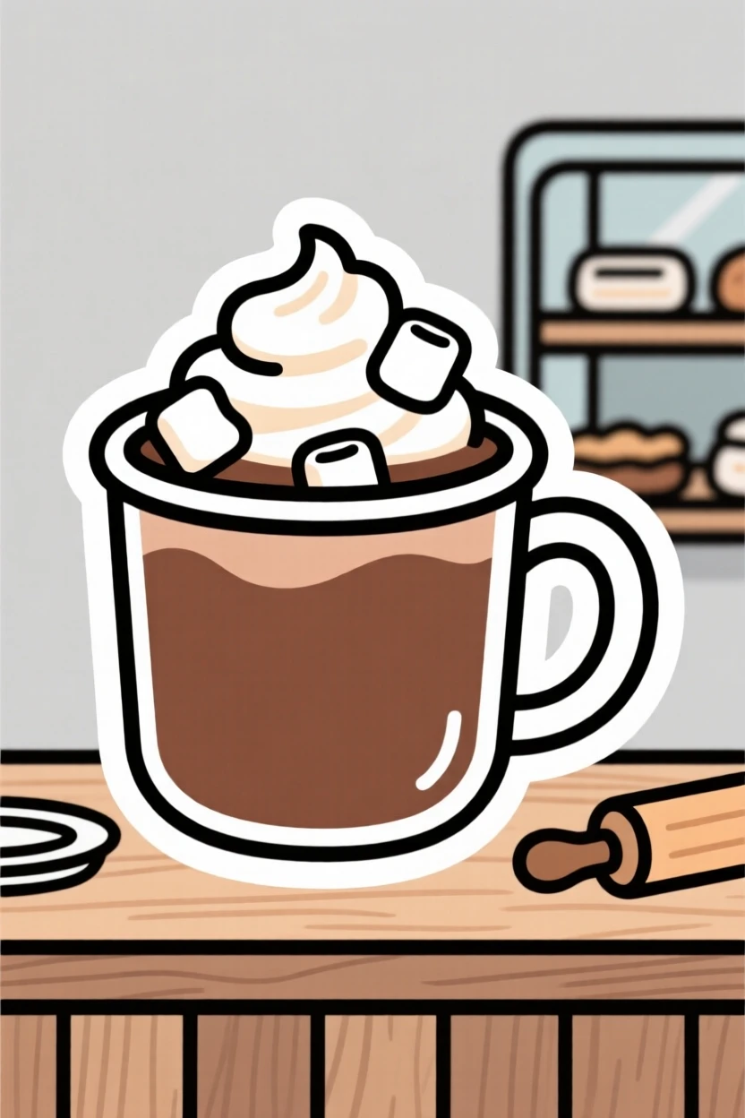 An irresistibly warm cup of hot cocoa topped with whipped cream and marshmallows, topped with a dollop of whipped cream, at a charming bakery counter.