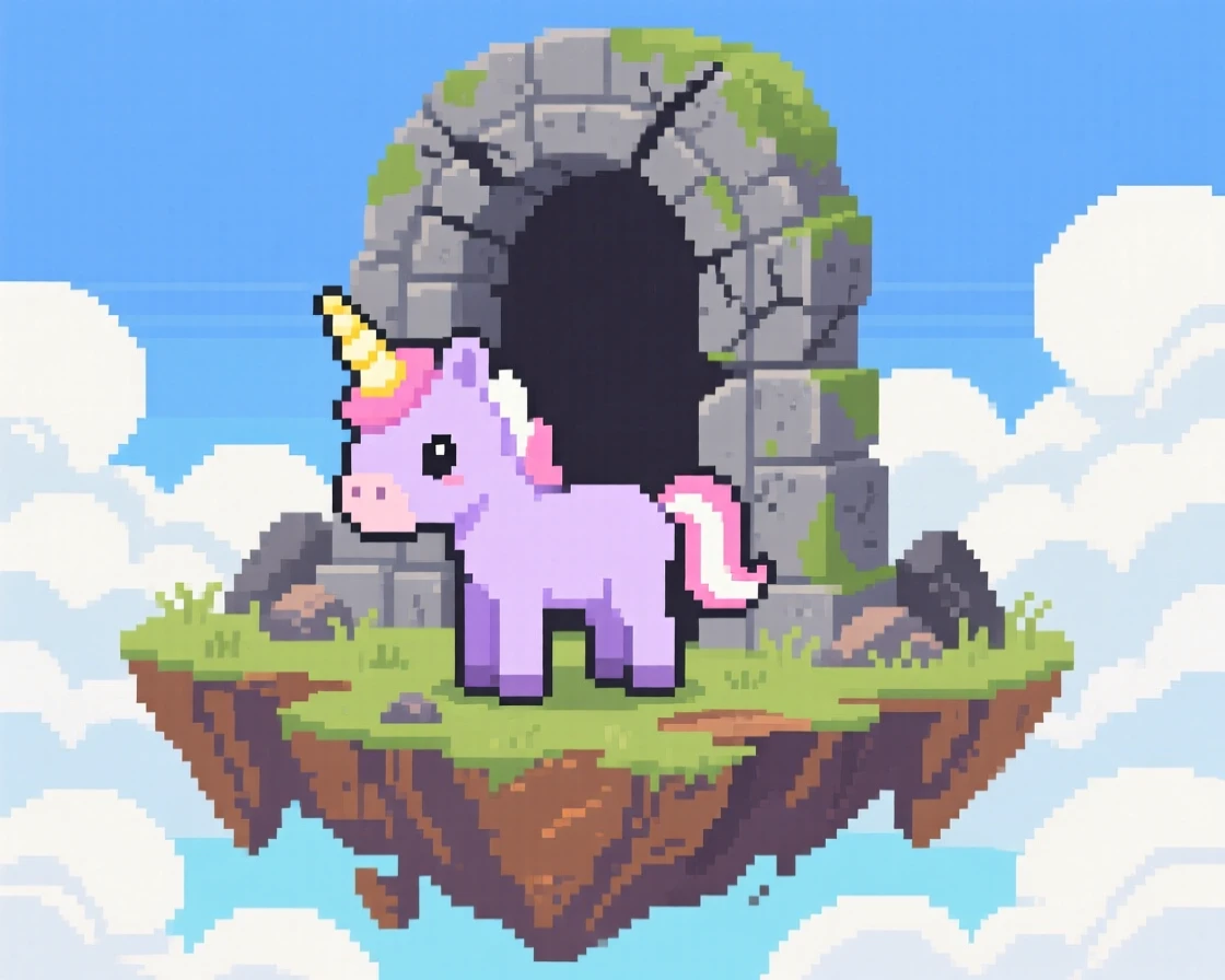 A shy unicorn foal guarding the entrance to an ancient ruin, atop a floating island surrounded by clouds.