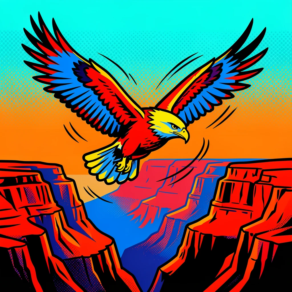 A hawk circling high above a canyon