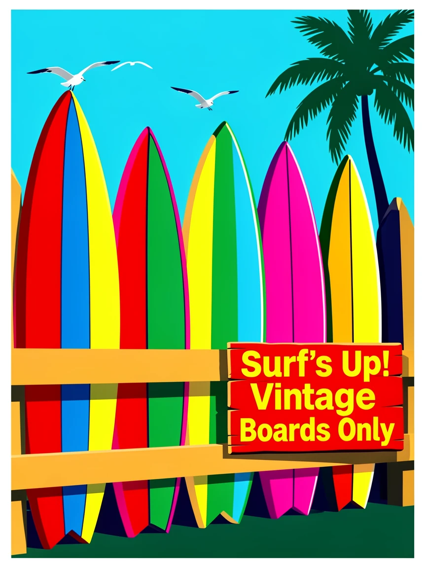 Coastal surf town with vintage surfboards on a fence
