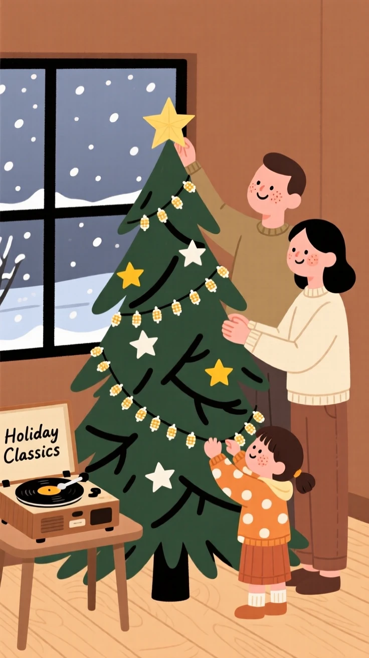 A family decorates a tall pine tree with strings of popcorn and paper stars while an old holiday record plays softly and the first snow of winter falls outside the window.