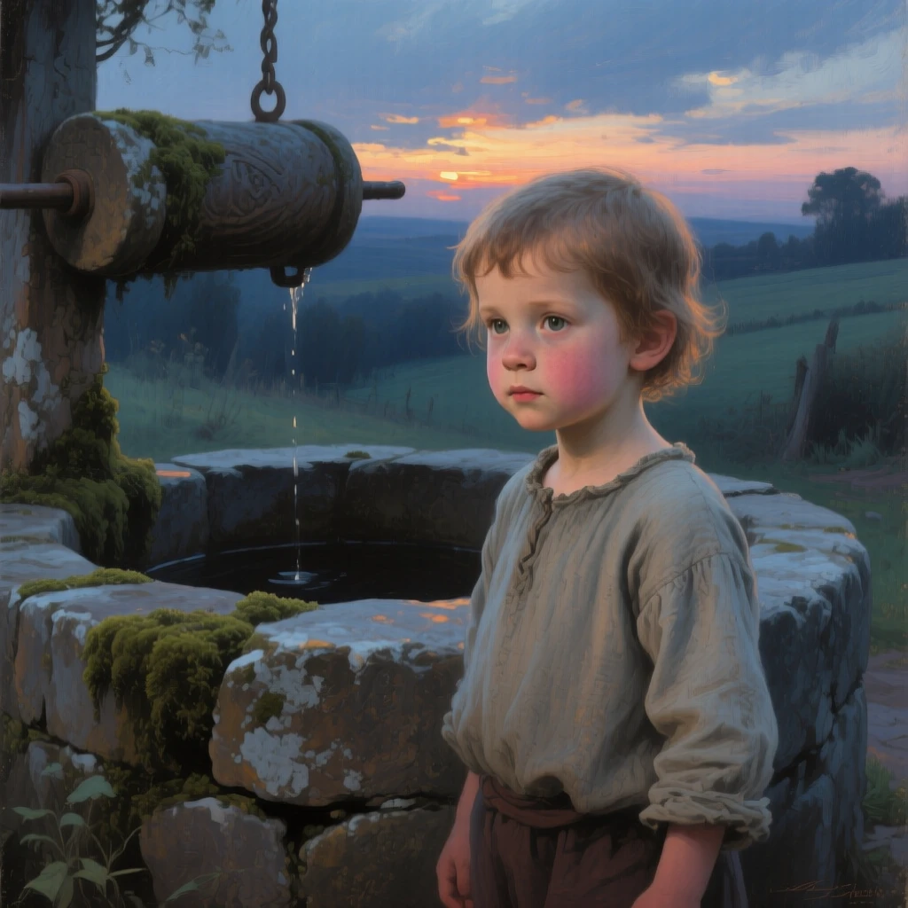 An intimate close-up of a small child beside an old stone well, glowing with pride, at twilight.