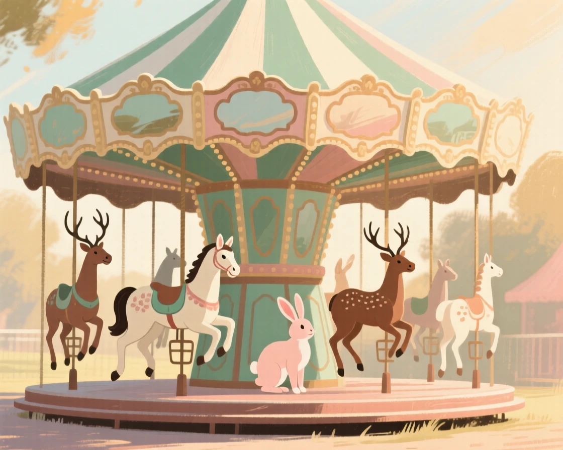 A vintage carousel of painted animals beneath a striped canopy