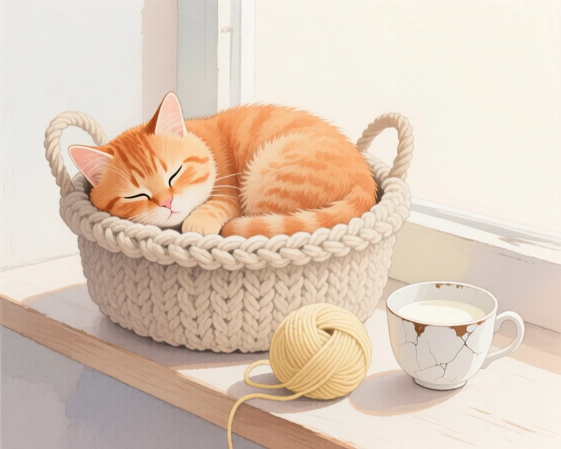 A fluffy orange kitten naps curled inside a knitted basket beside a ball of yarn and a chipped teacup of milk on a windowsill