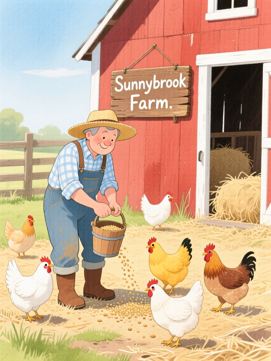 A farmer feeding chickens in a sunny barnyard, peaceful and full of gentle motion.