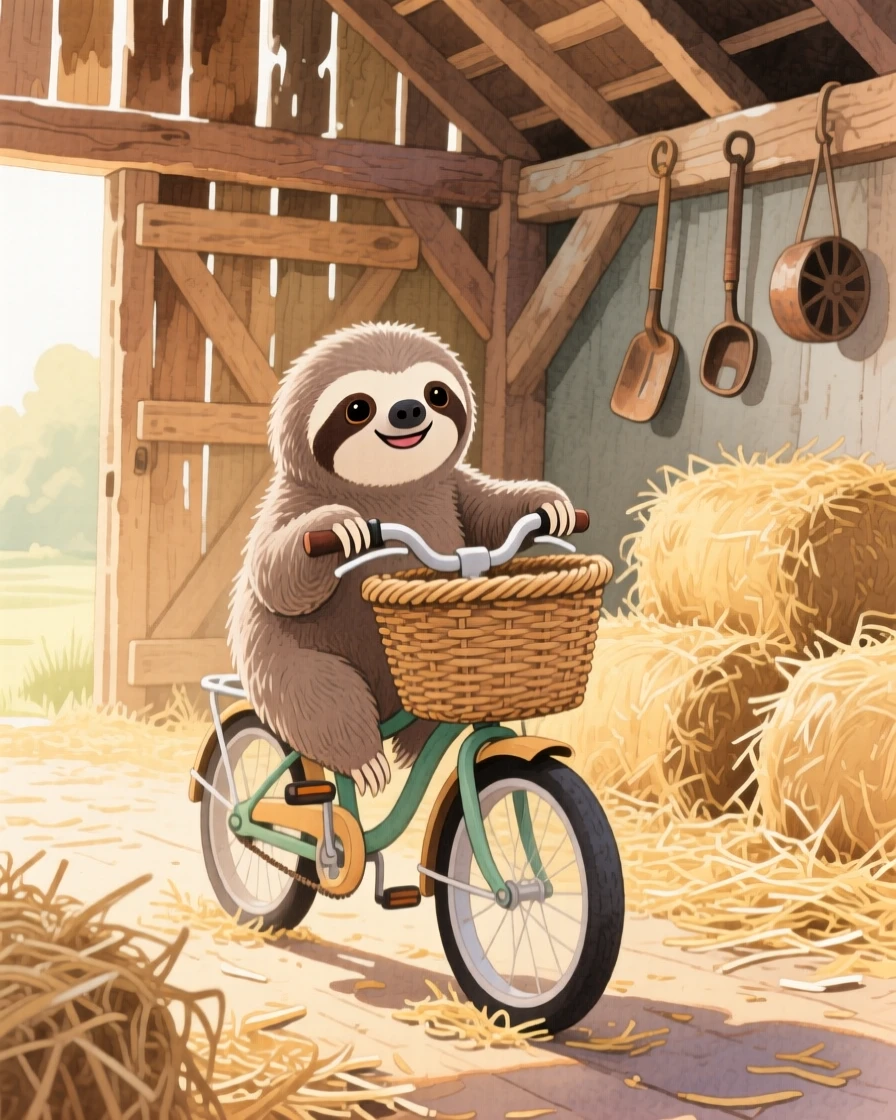 A baby sloth riding in a wicker bicycle basket, set in a rustic barn filled with soft hay, radiating pure innocent joy.
