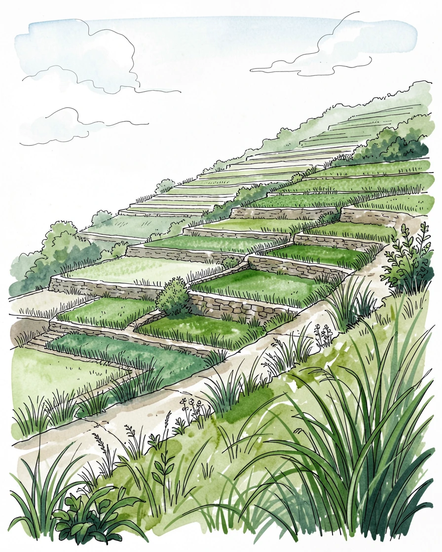 A patchwork of terraced farmland climbing a steep green hillside, a gentle breeze rippling through the grass and leaves.