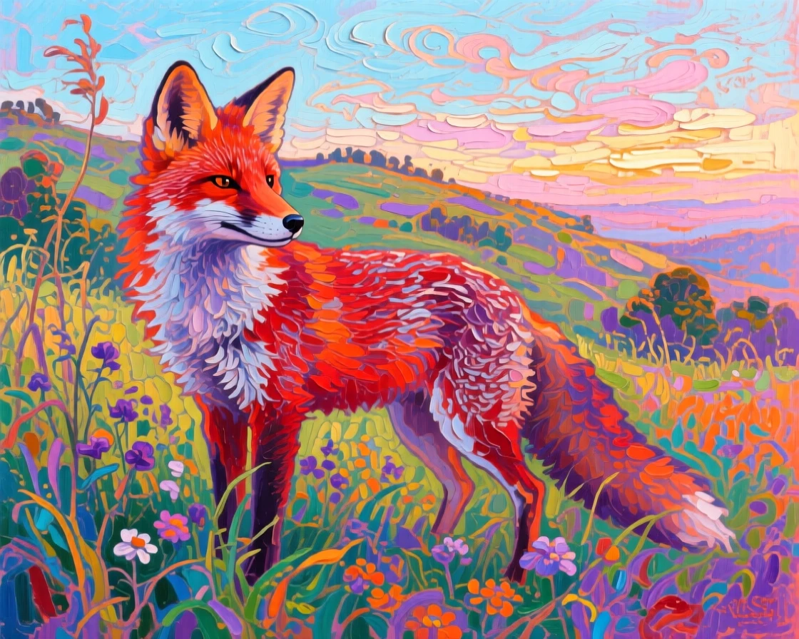 a red fox in a meadow, at dawn, with layered visual detail from foreground to horizon.