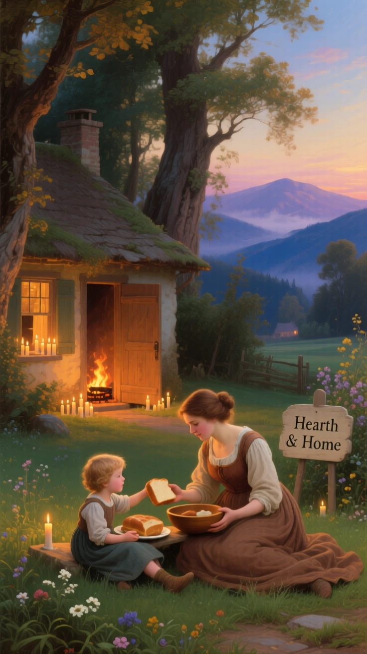 A mother and her children share a meal beside a cozy cottage filled with candlelight on a warm summer evening.