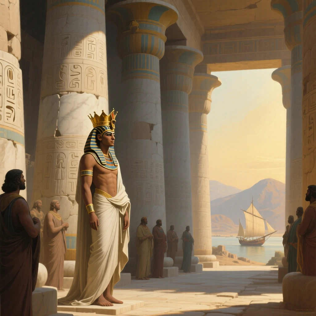 The Egyptian pharaoh being crowned beneath towering stone pillars at the exact instant fate is sealed, set against the marble columns of an ancient temple, with distant ships and mountains fading into a golden haze; a low vantage point emphasizes the towering scale of the moment, charged with heroic resolve and quiet foreboding.