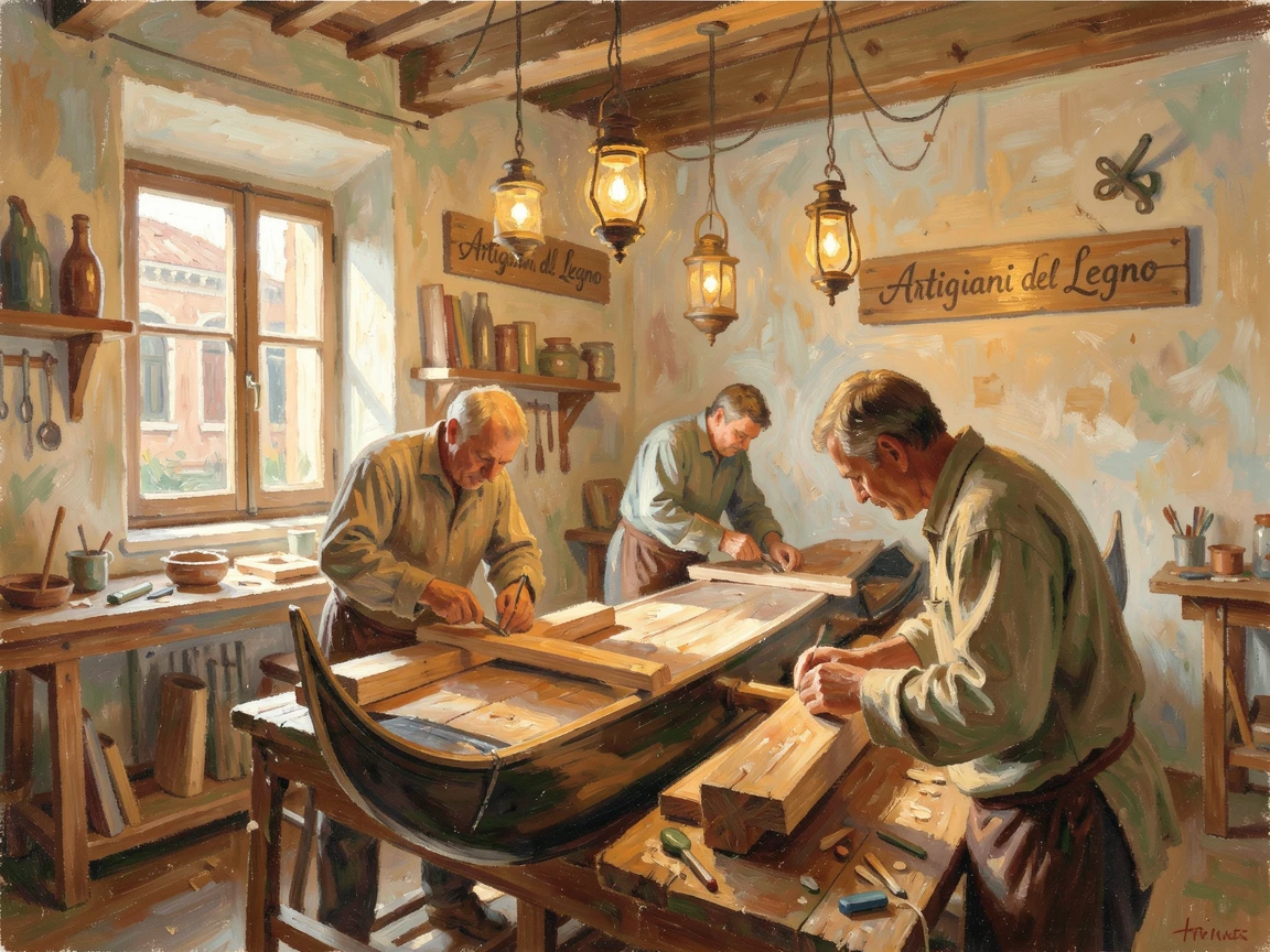 A traditional gondola workshop in Venice, craftsmen shaping wood beneath strings of golden light.