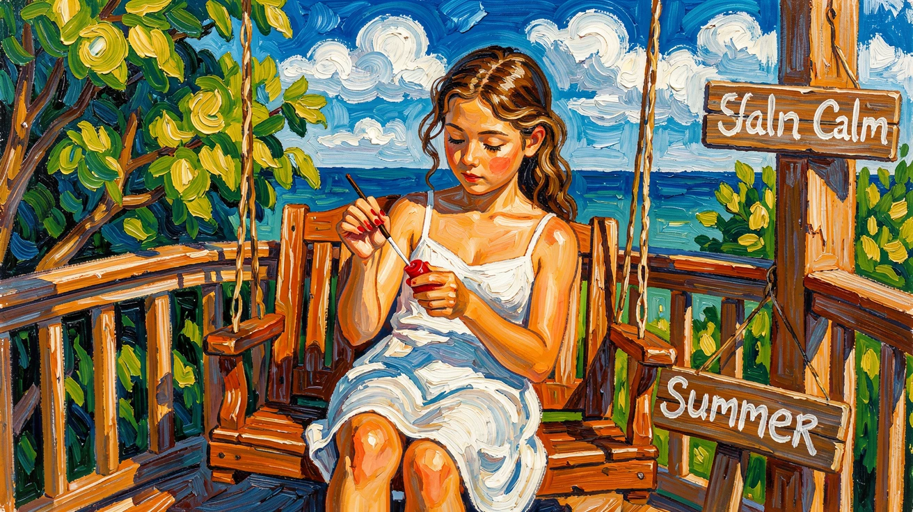 A young girl painting her nails on a porch swing during a lazy summer afternoon.