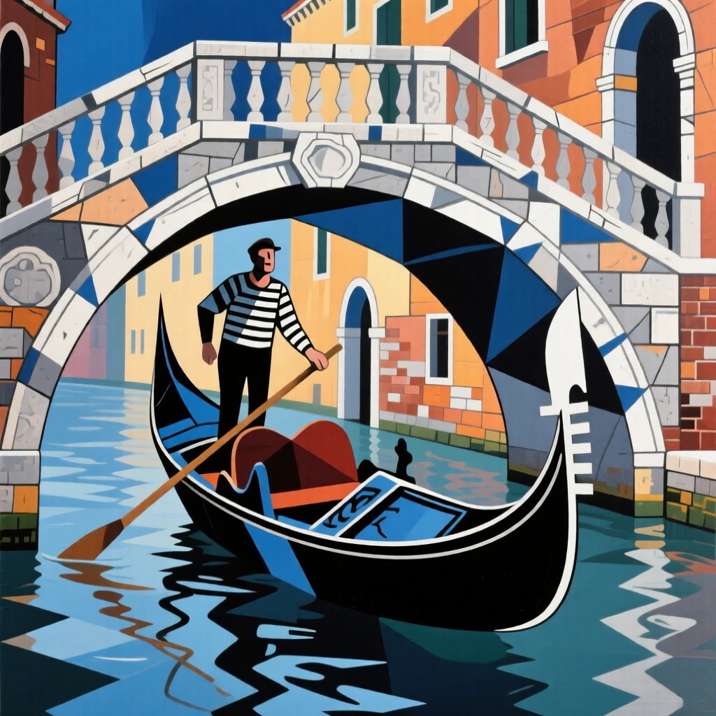 A gondola gliding beneath an ornate stone bridge in a quiet Venetian canal.