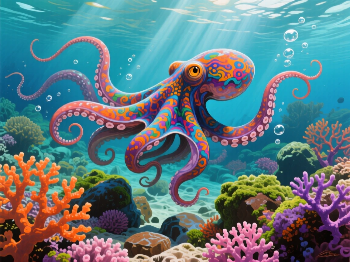 An octopus changes color instantly as it moves across a rocky reef, its skin pattern morphing to match the surrounding coral and stone perfectly, its posture alert yet relaxed, fully at ease within its natural surroundings.