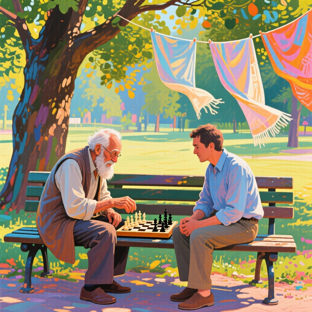 An old man playing chess with a friend on a park bench under a shady tree while a light breeze stirs hanging fabric nearby