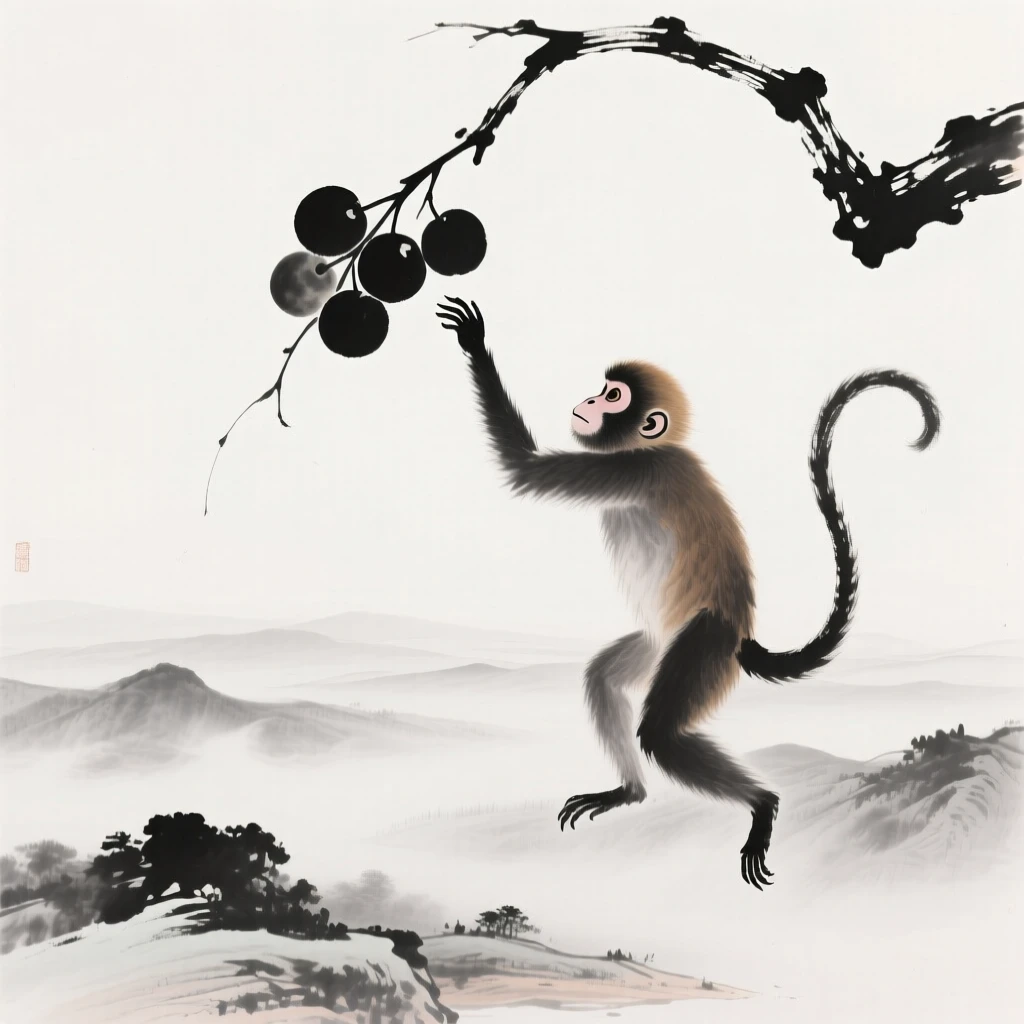 A monkey reaches for fruit hanging from a high branch, overlooking a deep misty valley.