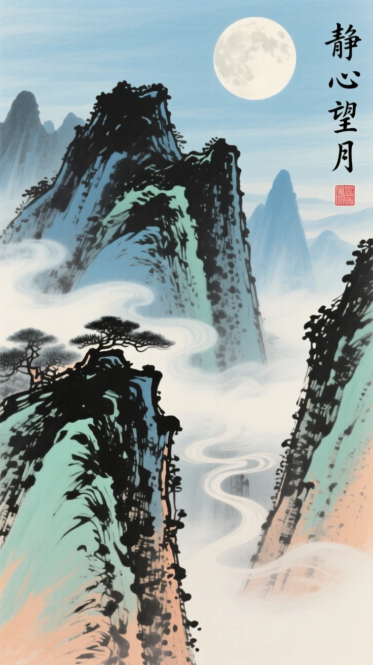 A towering mountain range wreathed in mist, under a full moon.