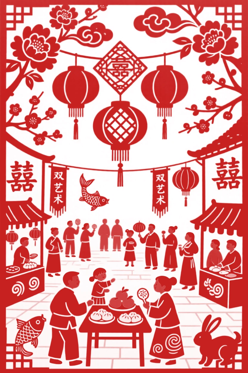 A scene of a village square decorated for the new year, crowded with cheerful visitors sampling festival treats, with red lanterns swaying gently overhead.