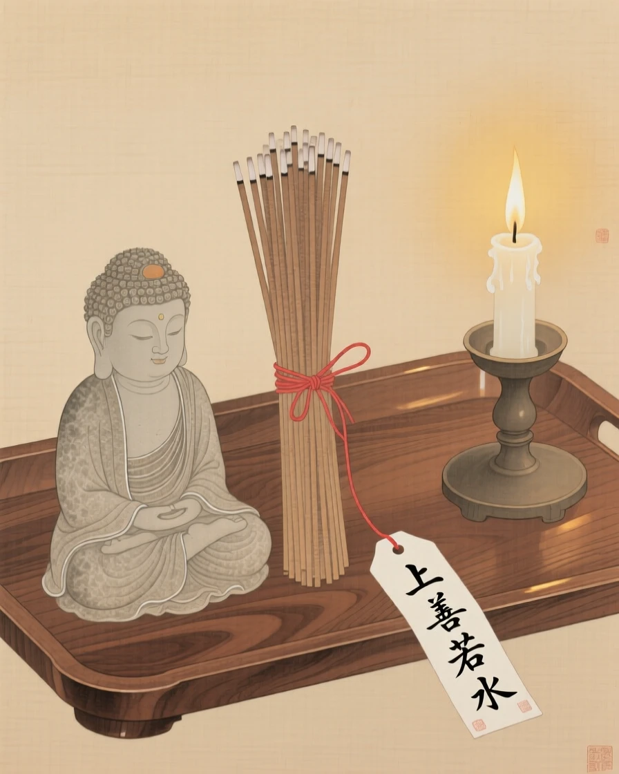 A bundle of incense sticks beside a small stone buddha on a wooden tray beside a lit candle