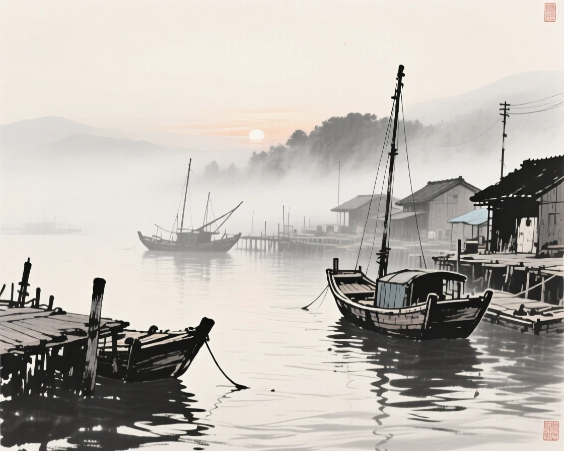 A small fishing village harbor surrounded by drifting mist at dawn, viewed from below to emphasize its quiet grandeur, evoking centuries of quiet history and devotion.