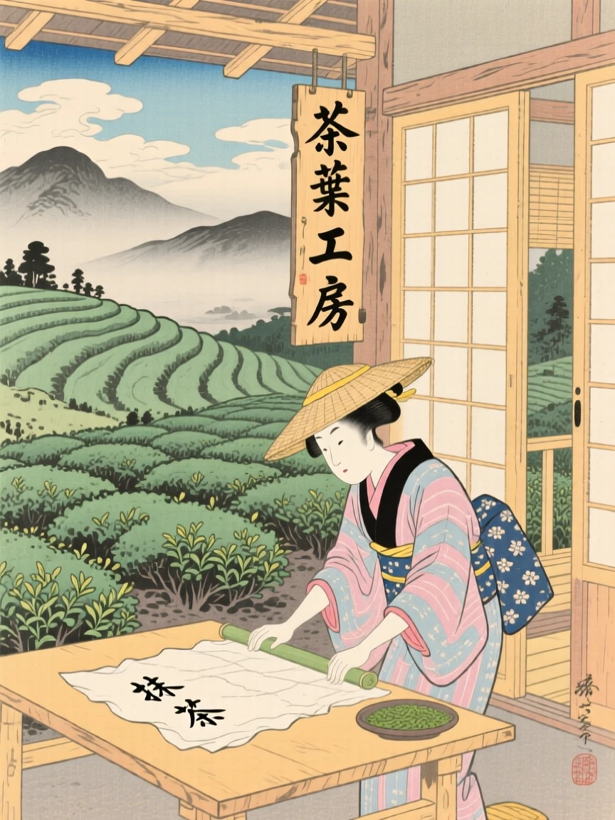 A tea picker on a hillside plantation pressing sheets of paper in a sunlit workshop.