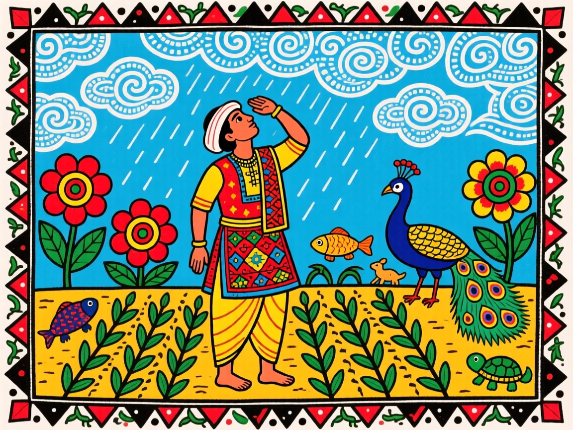 A farmer watching the sky, waiting for the monsoon clouds to break.