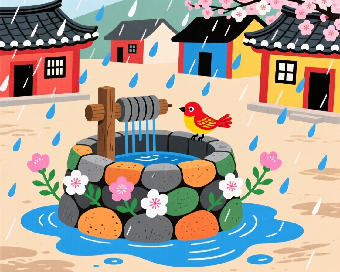 A view of an old stone well in a village square, during a quiet spring rain.