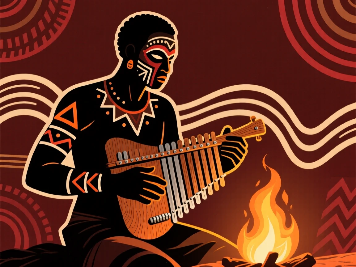 A lone musician playing a mbira by firelight.
